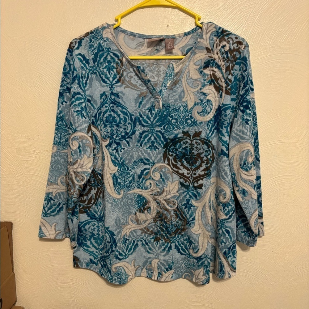 Chico's Teal and Brown Patterned Blouse